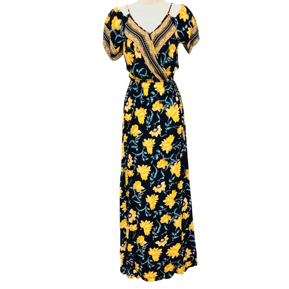 Xhilaration Black Gold Turquoise Paisley Cold Shoulder Boho Style Maxi Dress
